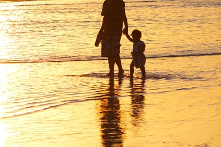 夕阳-沙滩-亲情-母子-女性 图片素材