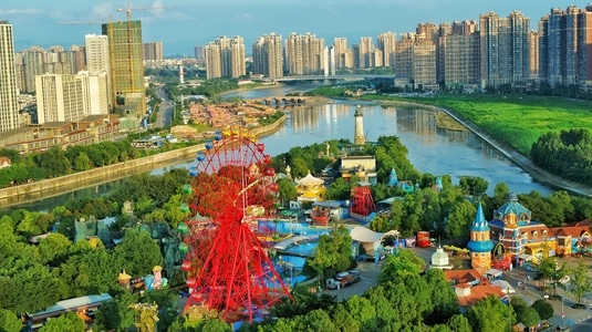 旅行、风光、人文-航拍风光-河流-府南河-摩天轮 图片素材