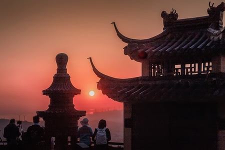 日出-自然风光-观音山-古建筑-房屋 图片素材