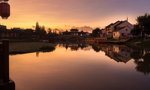 日出-村景-风景-风光-湖泊 图片素材