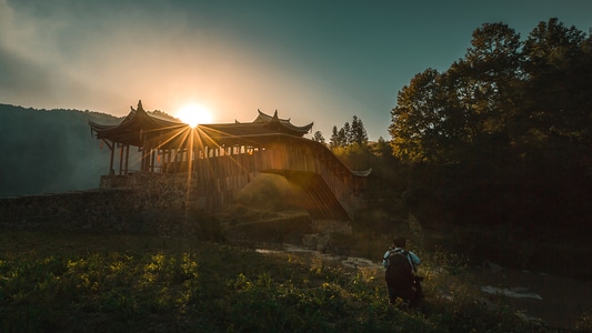 风光-泰顺廊桥-夕阳-古建筑-廊桥 图片素材