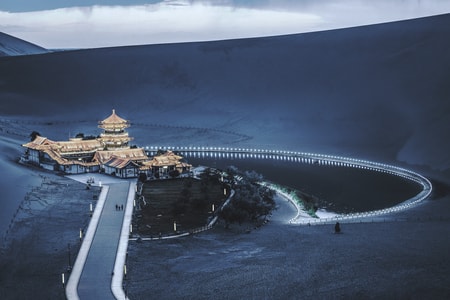 鸣沙山-月牙泉-道路-风景-塔楼 图片素材