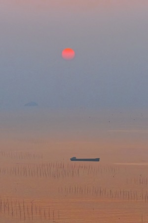 海面-小船-红日-风景-风光 图片素材