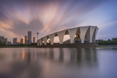 东体馆-夕阳呈现一颗温柔的心-建筑-东体馆-湖 图片素材