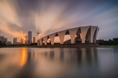 东体馆-夕阳余晖-建筑-东体馆-湖 图片素材