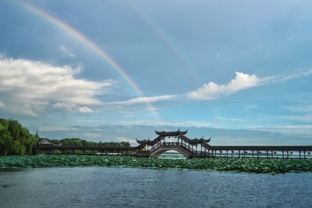 锦溪古镇-雨过双彩虹-彩虹-拱桥-古建筑 图片素材