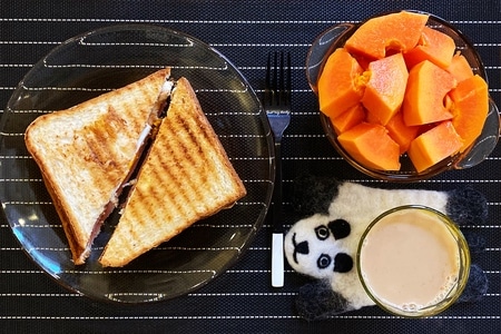早餐打卡-木瓜-奶茶-三明治-美食 图片素材