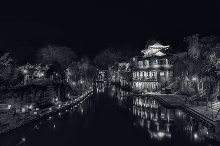 风光-小镇-水乡-黑白-夜景 图片素材