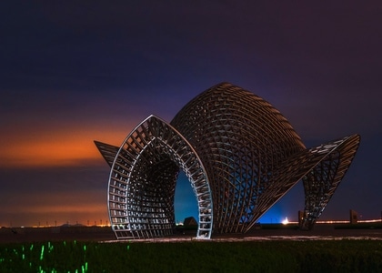 海边-晚霞-风车-建筑-夜景 图片素材
