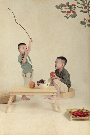 中国风-画意-兄弟俩-小孩-两个 图片素材