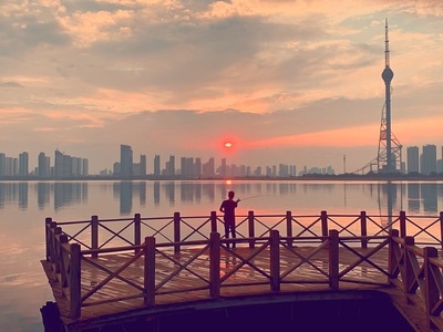 河-风景-夕阳-建筑-码头 图片素材