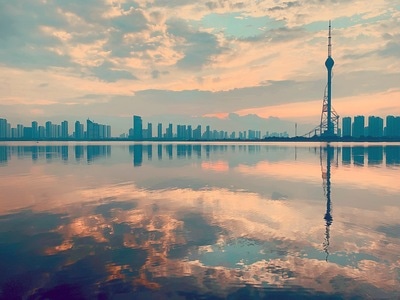 河-风景-夕阳-建筑-日落 图片素材