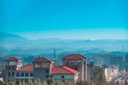 远山-轮船-湖-格桑花-风景 图片素材