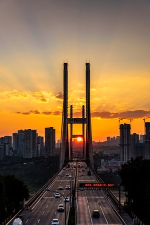 桥-落日-城市-建筑-道路 图片素材