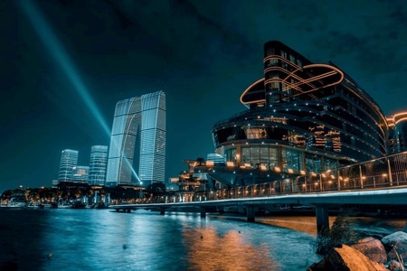 夜色-苏州-东方之门-水域-金鸡湖 图片素材