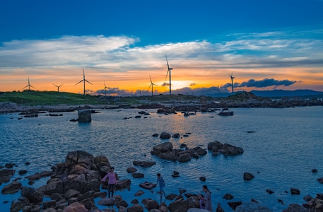 海边-晩霞-风车-风景-礁石 图片素材