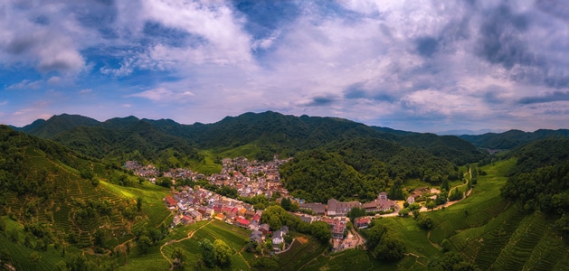杭州市-尘世烟火-高视角-航拍-梅家坞 图片素材