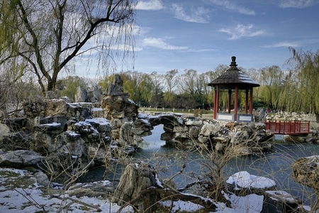 雪景-残雪自然-风景-石块-亭子 图片素材