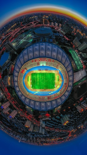 城市夜景-航拍-黄昏-夜景-上海体育场 图片素材