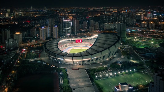 城市夜景-航拍-黄昏-夜景-上海体育场 图片素材