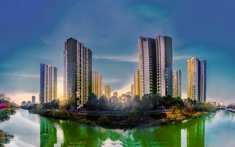 建筑-河流-绿水-城市-建筑 图片素材