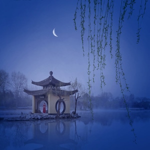 亭-月夜-人物-水面-风景 图片素材