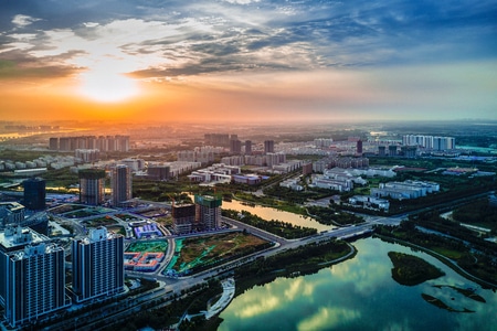 航拍-夕阳-大学城-城市-市容 图片素材