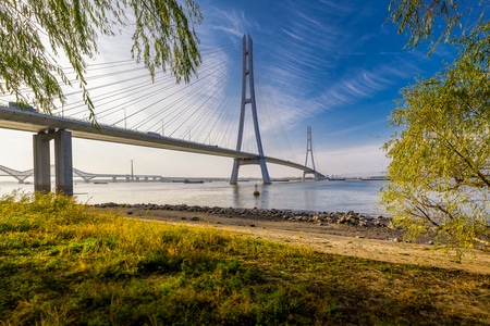 长江大桥-落日-水面-风景-建筑 图片素材