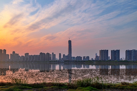 武汉-沙湖-市容-晚霞-建筑 图片素材