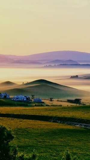 风光-清晨-平流雾-山丘-蒙古包 图片素材