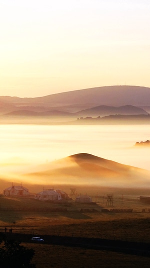 风光-早晨-平流雾-山丘-蒙古包 图片素材