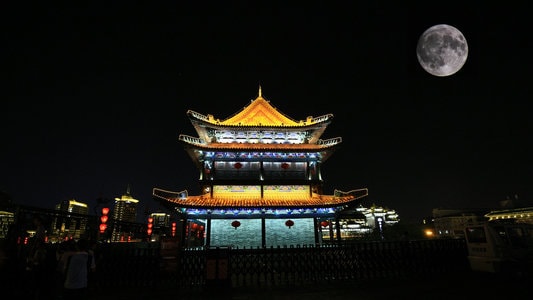 旅行-钟楼-月亮-夜景-西安钟楼 图片素材