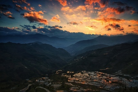 梯田-夕阳-户外-风景-风光 图片素材