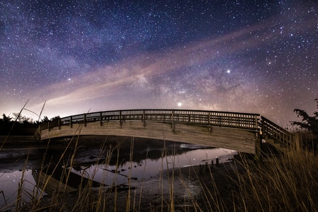 星空-野外-木桥-清澈-小河 图片素材
