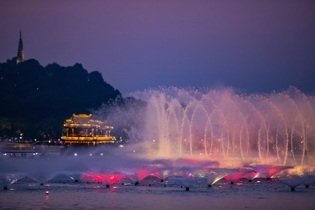 杭州-西湖-音乐喷泉-夜色-夜景 图片素材