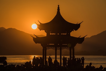 杭州-西湖-集贤亭-落日-艺术风光 图片素材