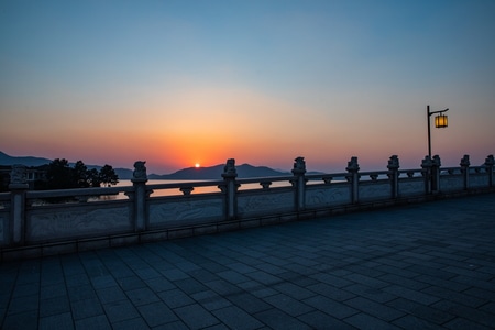 余姚-四明湖-落日-桥梁-桥 图片素材