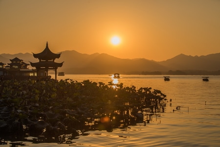 杭州-西湖-集贤亭-落日-艺术风光 图片素材