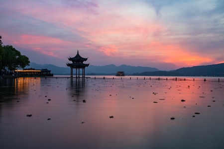 杭州-西湖-晚霞-集贤亭-西湖 图片素材
