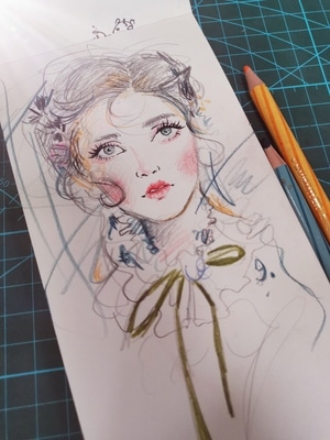 手绘-美女-彩铅-每日一画-我的2019 图片素材