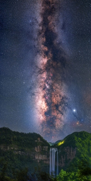 银河-星空-瀑布-夜晚-风景 图片素材