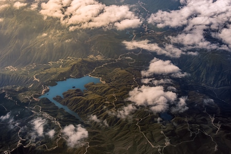 航拍-山-湖泊-水库-风力发电 图片素材