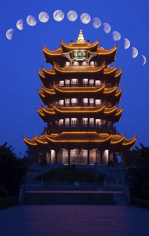 黄鹤楼-月亮-武汉-四大名楼-一轮圆月 图片素材