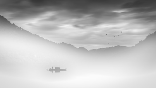 梦幻-雾-画意-湖-船 图片素材