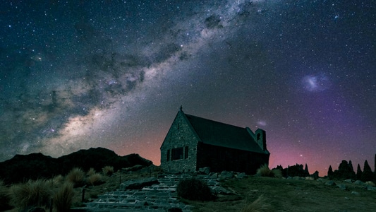 星空-新西兰-好牧人教堂-银河-夜晚 图片素材