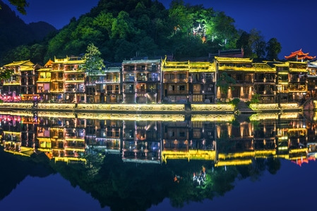 凤凰古城-夜景-倒影-反射-风光 图片素材
