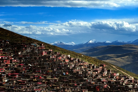 藏区-夕阳-雪山-自然风光-小镇 图片素材
